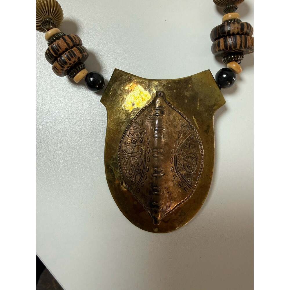Handmade Brass Wood Statement Necklace Clip Earrings Set Boho Artisan Pendant - Picture 6 of 11